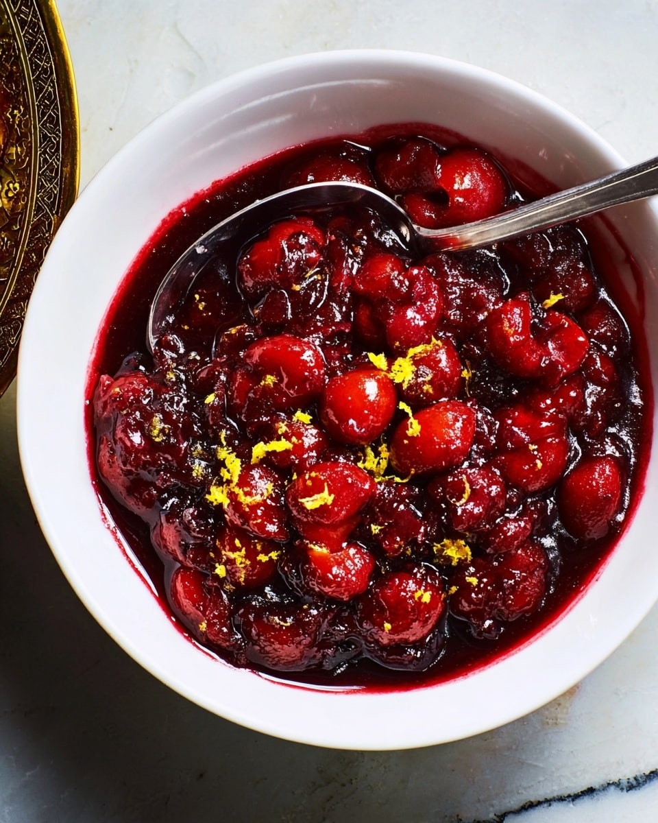 A close-up view of a white bowl filled with a rich, dark red mixture of cherry-like fruits and chunks, glazed with a shiny, thick syrup, showing vibrant highlights and a few yellow zest pieces scattered on top. The bowl is placed on a white marbled surface, and on the right edge of the bowl, a shiny spoon rests partially inside the mixture, slightly covered with the syrup. Photo taken with an iphone --ar 4:5 --v 7