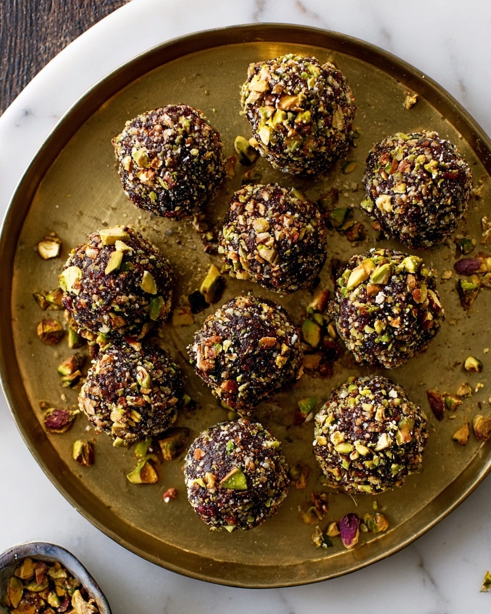 A round white plate on a white marbled surface holds twelve small round chocolate truffles, each topped and covered with a crunchy mix of chopped pistachios, hazelnuts, and cocoa nibs. The truffles have a rich dark brown color showing beneath the nut coating, with a slightly rough and textured look. Bits of nuts and cocoa crumbs are scattered around the plate, adding a natural and inviting feel. Photo taken with an iphone --ar 4:5 --v 7