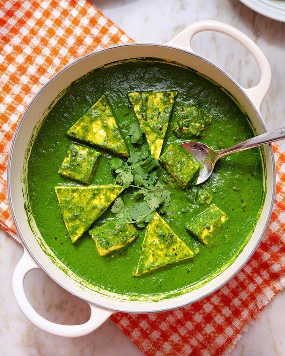 The image shows a white pot filled with a thick, bright green sauce that covers the entire base. Inside the sauce, there are several small, golden-yellow triangular pieces partly soaked and coated with the green sauce, arranged evenly across the pot. Fresh green cilantro leaves are placed on top of some of these triangles for garnish. A silver spoon rests inside the pot, partially dipped in the sauce near the center. The pot sits on a white marbled surface with a red and white checkered cloth beside it, and a glass of water is partially visible in the top left corner. photo taken with an iphone --ar 4:5 --v 7