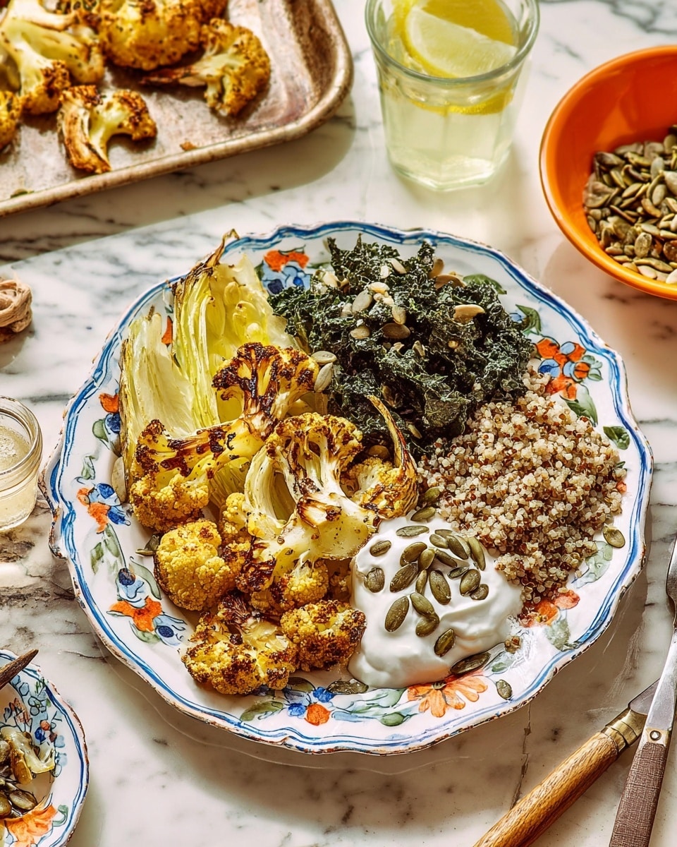 A white plate with a blue and orange floral pattern holds a colorful meal divided into four main parts: a large pile of roasted golden-brown cauliflower with some green charred fennel wedges on top and around it, a small mound of cooked grains with a few scattered pumpkin seeds, a vibrant heap of dark green sautéed kale, and a dollop of white creamy sauce sprinkled with pumpkin and sunflower seeds and black pepper. The plate is set on a white marbled surface next to a small white bowl of mixed seeds, a fork with a wooden handle, and a glass of light yellow beverage. In the background, a tray holds more roasted cauliflower on a white marbled surface. Photo taken with an iphone --ar 4:5 --v 7