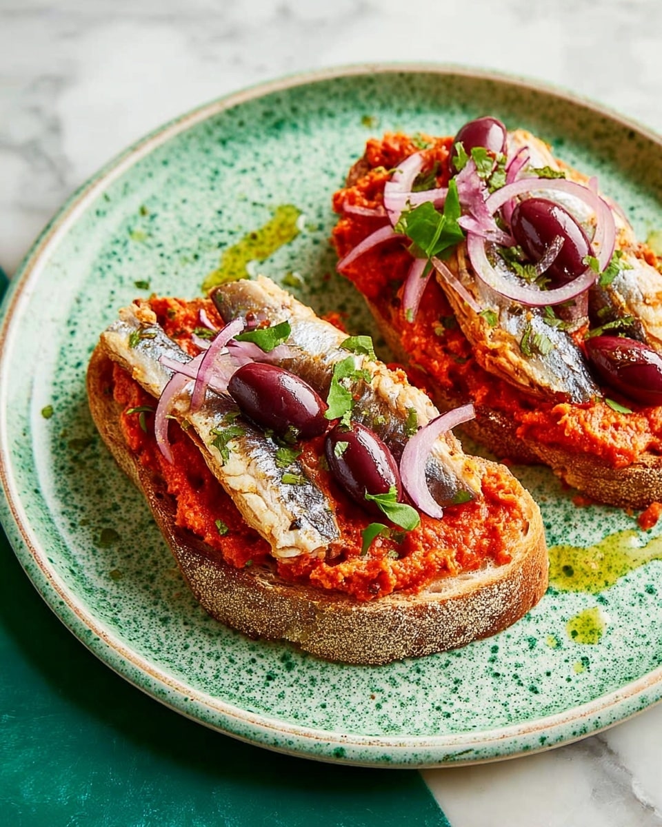Two slices of toasted bread with a rough texture form the base, placed on a round white plate with a speckled green finish, set on a white marbled texture. Each slice is topped with a thick, chunky bright red tomato spread that covers the surface unevenly. On top, there are whole pieces of small fish with a silvery gray skin, laid lengthwise. Dark purple olive halves and thin, curly slices of light purple-red onion are scattered over the fish. Small green leaves of chopped herbs are sprinkled over everything for a fresh look. A few drops of yellowish olive oil are visible around the edges. photo taken with an iphone --ar 4:5 --v 7