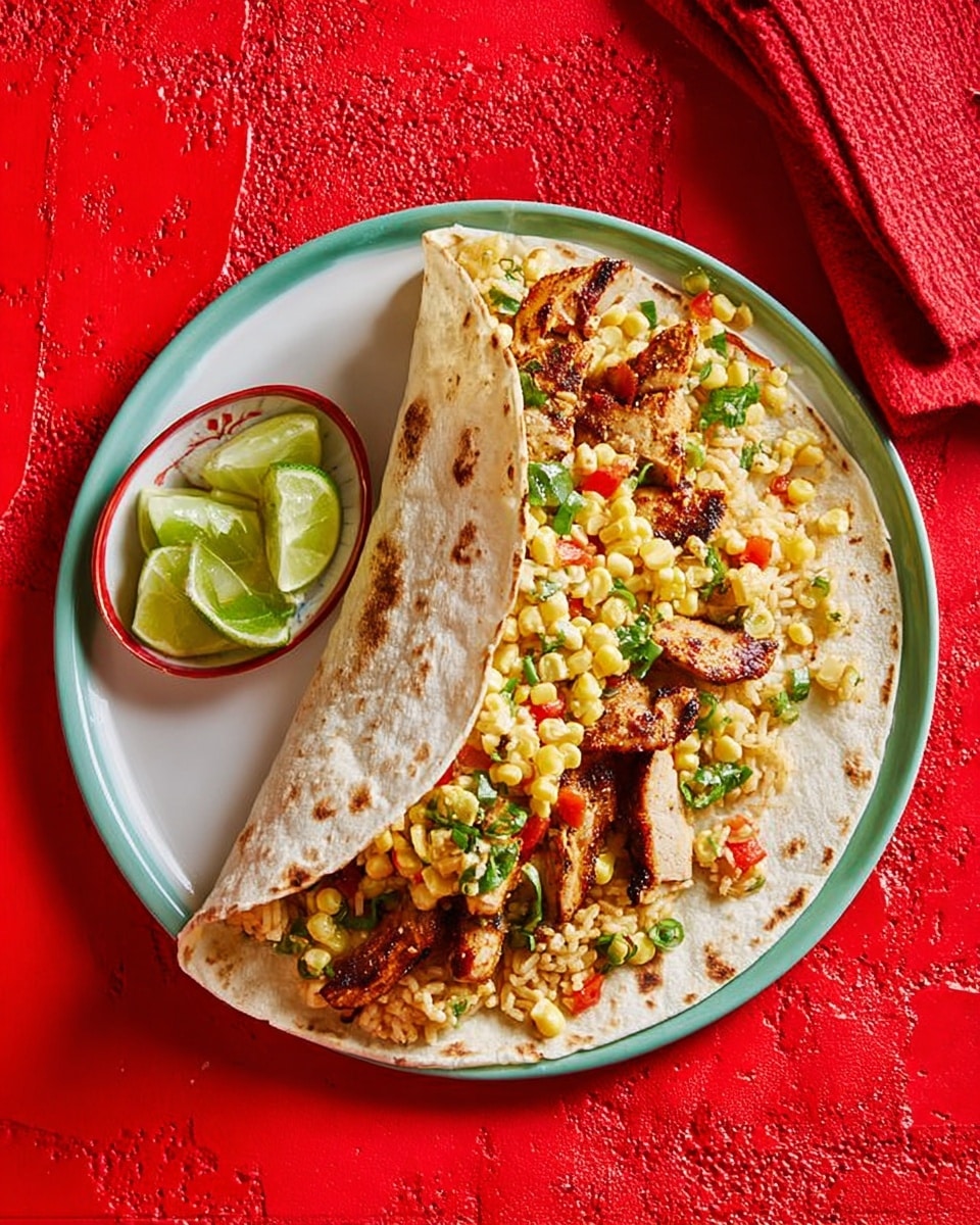 A soft taco folded in half sits on a white plate, showing three layers inside: a base layer of white rice mixed with small pieces of tomato and green herbs, a middle layer of grilled chicken strips browned with spices, and a top layer of creamy corn salad with diced green onions, all visible near the open side. Next to the plate, on a small white dish, are three lime wedges, one of which is partially squeezed. The background features a white marbled texture with a red cloth napkin placed nearby. photo taken with an iphone --ar 4:5 --v 7