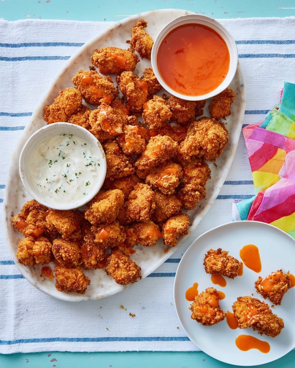 The image shows a large white oval plate filled with about 25 pieces of crispy golden-brown fried chicken bites spread evenly across the surface. There are two small bowls on the plate: one baby blue bowl with smooth, shiny reddish-orange dipping sauce near the top right, and one pale yellow bowl near the bottom right filled with creamy white ranch sauce with green herb flecks and a swirled texture. Below the large plate, a smaller white round plate holds four more chicken bites with some drizzled reddish-orange sauce and a dollop of ranch sauce on one piece. The dishes are placed on a white marbled textured surface overlaid with a white cloth featuring light blue stripes and colorful, patterned napkins folded in the upper left corner. photo taken with an iphone --ar 4:5 --v 7