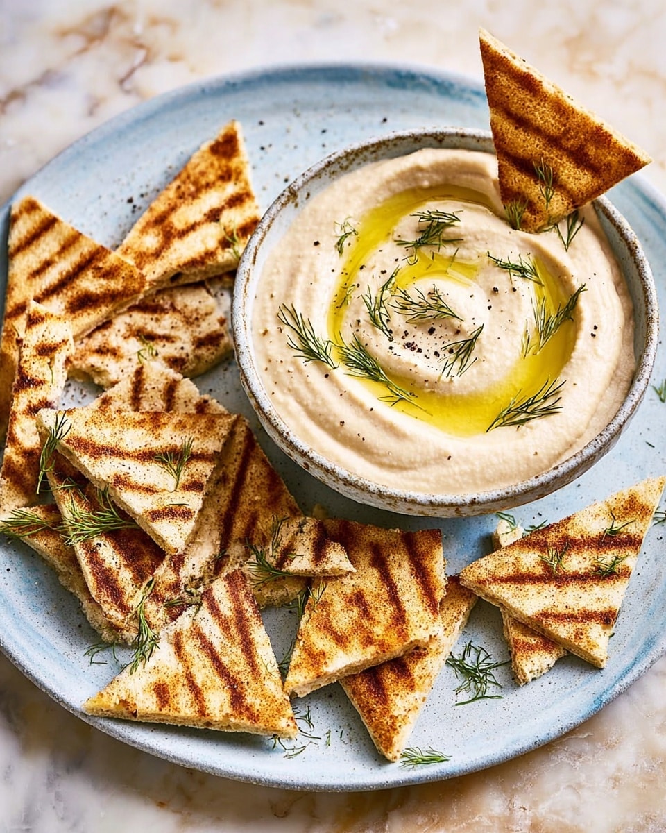 A round light brown bowl filled with smooth, creamy beige dip topped with a drizzle of olive oil and sprigs of fresh green dill, with a sprinkle of black pepper on the surface. The bowl is placed on a white plate with a subtle blue edge, which holds several triangular, grilled pita bread pieces with dark grill marks, arranged around the bowl and one partially dipped inside. The whole setting is on a white marbled textured surface. photo taken with an iphone --ar 4:5 --v 7