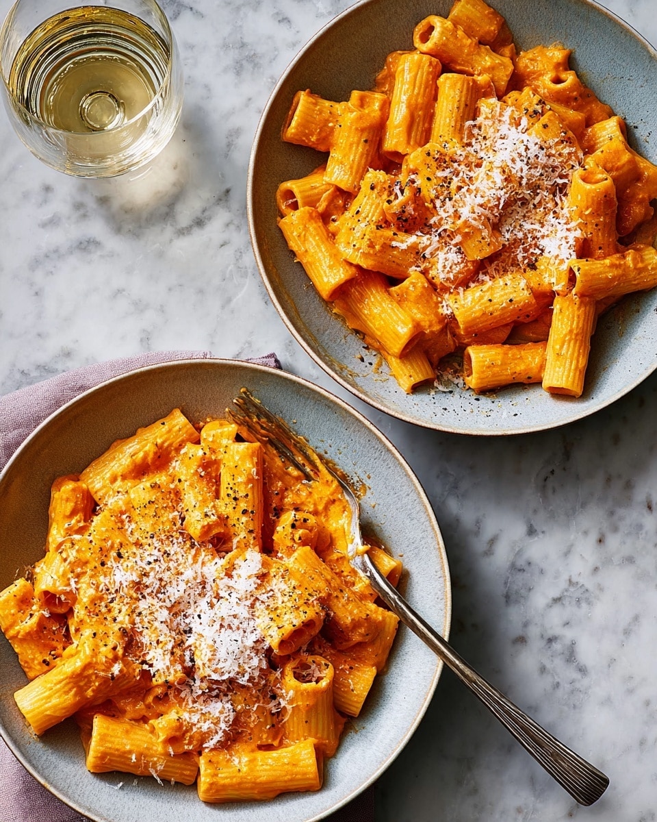 Two bowls of rigatoni pasta are shown on a white marbled surface, each dish filled with a creamy, thick orange sauce coating the pasta tubes evenly. The rigatoni pieces are arranged in loose layers, with some pasta slightly overlapping others. Both bowls have a sprinkling of finely grated white cheese on top, adding a textured contrast. There are small black pepper specks scattered over the sauce, giving a hint of seasoning. A fork rests inside the top bowl, its silver color contrasting with the warm sauce. A glass of white wine is placed near the top right corner. Photo taken with an iphone --ar 4:5 --v 7