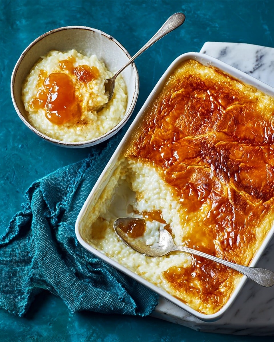 A white rectangular baking dish filled with a creamy rice pudding dessert that has a golden-brown, slightly cracked top layer, showing a thick, white creamy rice layer underneath where some has been scooped out by a large silver spoon resting on the dish's edge. Above the dish is a white bowl containing a portion of the same creamy rice pudding topped with a thick layer of orange jam being spread with a silver spoon. The dish and bowl are placed on a bright blue cloth against a dark blue textured background. Photo taken with an iphone --ar 4:5 --v 7