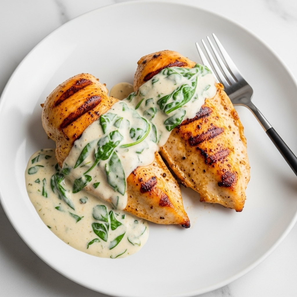 A white plate holds two thick chicken breasts cooked to a golden brown with a crispy skin. A creamy white sauce with visible green spinach leaves and herbs covers part of the chicken, pooling slightly around the edges. The sauce looks smooth and rich, with a few cracks of black pepper sprinkled on top. The plate sits on a white marbled surface, and a silver fork with a black handle rests behind the chicken. photo taken with an iphone --ar 4:5 --v 7