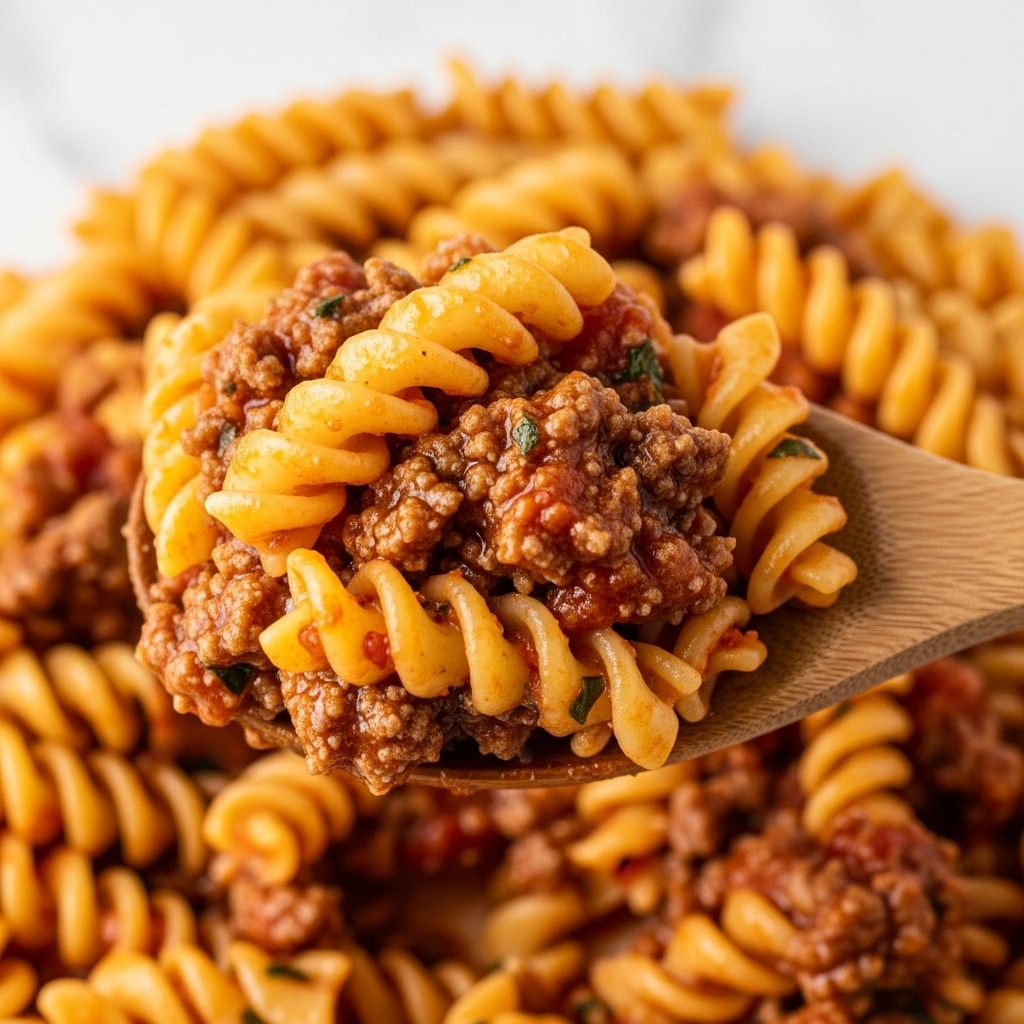 A close-up view of a white bowl filled with rotini pasta covered in a thick, rich, reddish-orange meat sauce. The sauce has visible small pieces of cooked ground beef mixed evenly throughout the pasta spirals, which are soft and glossy. A wooden spoon is scooping up a generous portion of the pasta and sauce, showing the creamy texture and small green herbs sprinkled inside. The background is a white marbled texture. photo taken with an iphone --ar 4:5 --v 7
