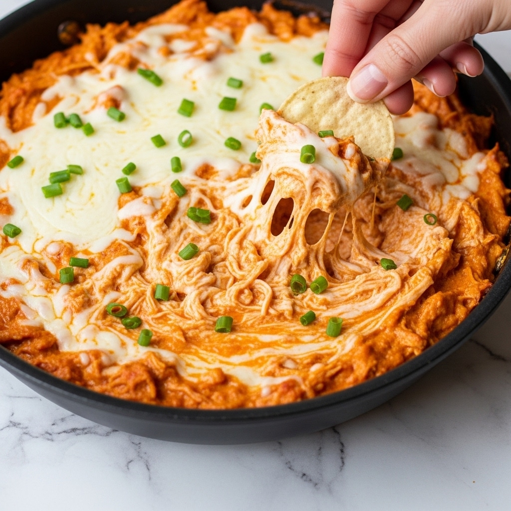 The image shows a close-up of creamy buffalo chicken dip in a white bowl, sitting on a white marbled surface. The dip has two main layers: the top layer is melted white cheese that looks gooey and smooth, with small bright green chive pieces sprinkled all over. Below the cheese, there is a thick orange buffalo chicken mixture that appears soft and slightly chunky. A woman's hand is dipping a light beige, round tortilla chip into the cheesy buffalo dip, lifting it slightly above the bowl to show the creamy texture. Photo taken with an iphone --ar 4:5 --v 7