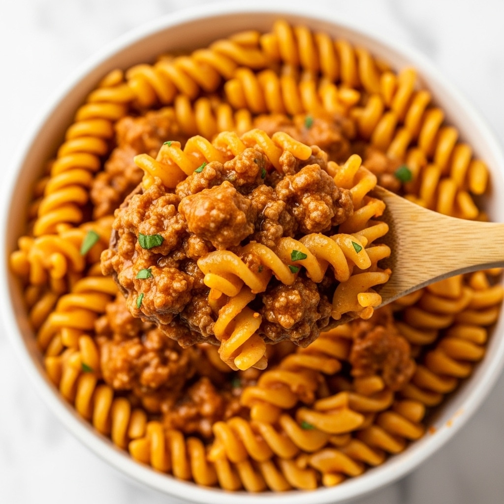 A close-up image of a wooden spoon lifting a scoop of rotini pasta mixed with a thick sauce made of ground beef and tomato. The pasta is yellowish with a spiral shape, fully covered in a rich, reddish-brown sauce with visible small pieces of cooked ground meat and herbs scattered throughout. The background shows more pasta with the same sauce on a white marbled surface, giving a warm, hearty feel to the dish. photo taken with an iphone --ar 4:5 --v 7