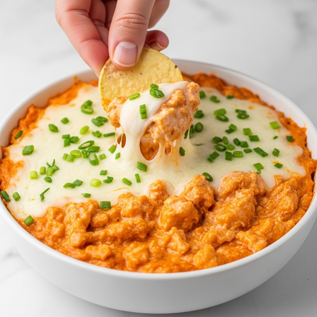 A close-up view of a creamy dip in a black pan on a white marbled surface, with a woman's hand dipping a round, lightly textured tortilla chip into the mix. The dip has two main layers: a thick, orange layer with shredded chicken and sauce, mixed with a smooth, melted white cheese layer on top. Small green chive pieces are scattered across the surface, adding color contrast and freshness to the rich, gooey texture of the dip. The cheese appears soft and stretchy, blending with the orange chicken layer underneath, creating a warm and inviting look. Photo taken with an iphone --ar 4:5 --v 7