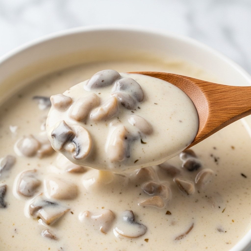 A wooden spoon scoops a thick, creamy mushroom sauce filled with small, chunky pieces of light brown mushrooms. The sauce is smooth and off-white with visible specks of black pepper and herbs, creating a rich texture. The close-up view shows the sauce's glossy, velvety consistency on a white marbled background. Photo taken with an iphone --ar 4:5 --v 7