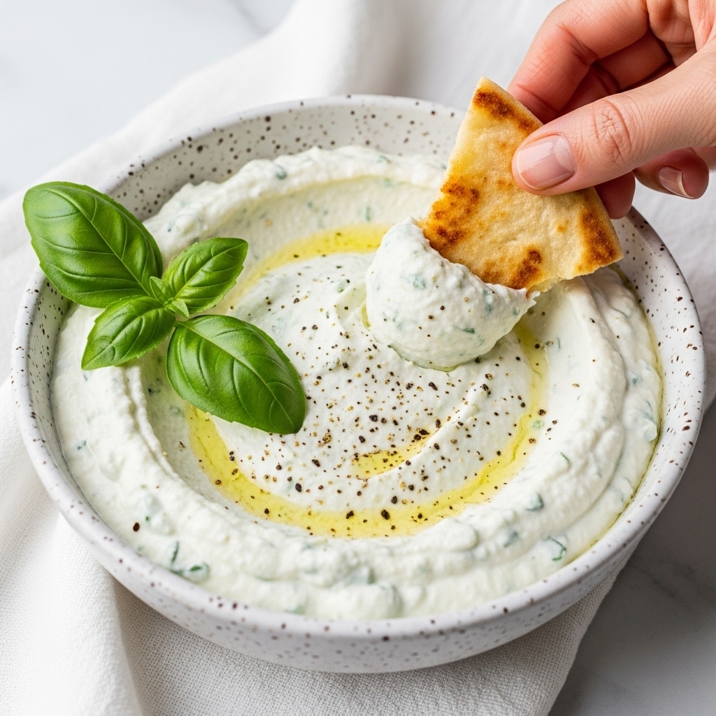 A close-up image of a white bowl filled with creamy white dip that has a slightly whipped texture and is sprinkled lightly with black pepper and herbs. On the left side of the bowl, three fresh green basil leaves rest on top of the dip. A woman's hand is dipping a golden-brown toasted triangular piece of flatbread into the creamy dip, with the bread showing a crispy texture and some darker toasted spots. The bowl is on a white marbled surface with a soft cream-colored cloth partially visible in the background. Photo taken with an iphone --ar 4:5 --v 7