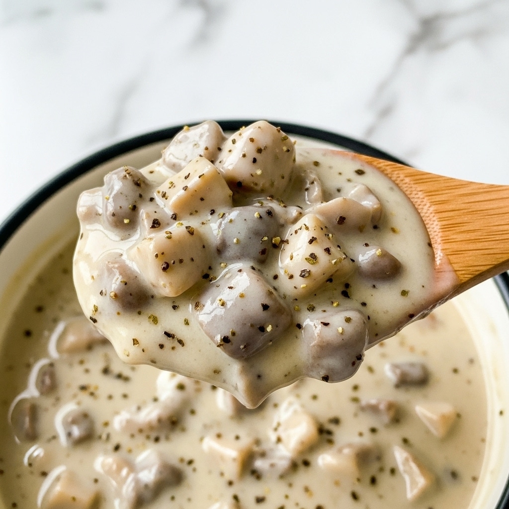 A close-up image shows a creamy white sauce with small, soft mushroom pieces mixed throughout, creating a thick and smooth texture. A wooden spoon scoops some of the sauce, showing the sauce’s rich creaminess and the bits of mushrooms scattered evenly inside. The background consists of a white marbled texture, highlighting the sauce’s pale color and the natural wood tone of the spoon. photo taken with an iphone --ar 4:5 --v 7
