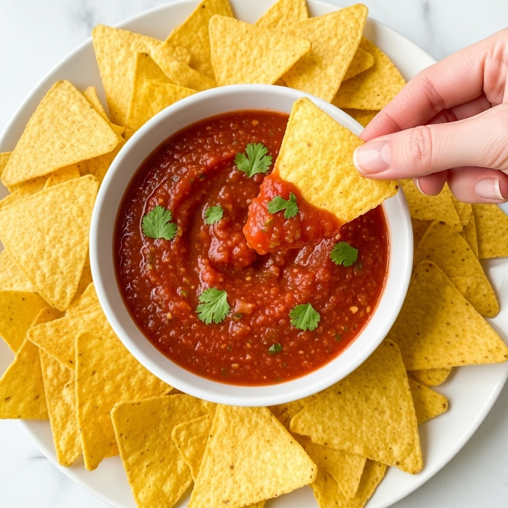 A white bowl filled with thick, red salsa sprinkled with small pieces of green herbs, surrounded by yellow triangular corn tortilla chips scattered around the bowl. A woman's hand is dipping one of the yellow tortilla chips with a rough texture into the salsa. The background shows a white marbled texture. photo taken with an iphone --ar 4:5 --v 7