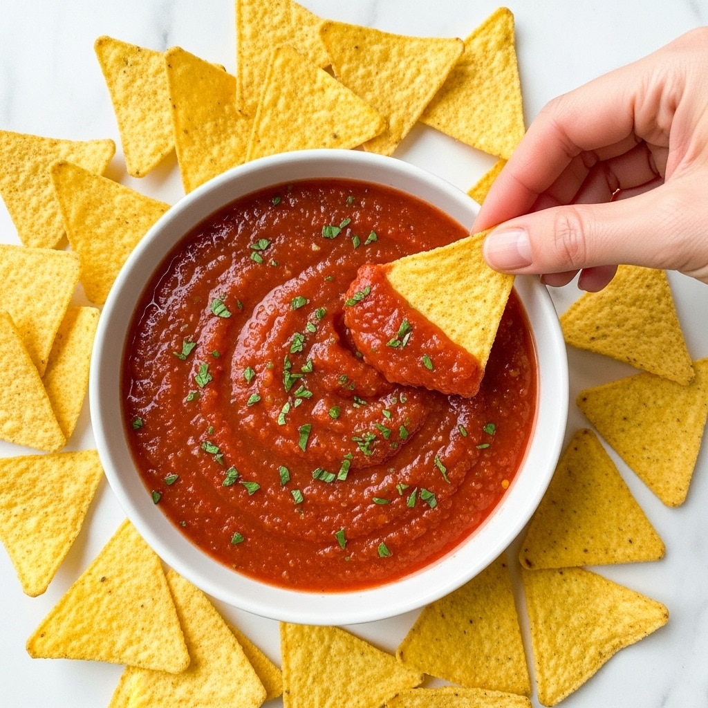 A white bowl filled with thick, chunky red salsa sprinkled with small green cilantro pieces is surrounded by many yellow corn tortilla chips. A woman's hand is holding one triangular yellow chip dipped into the salsa, showing some sauce clinging to the chip's rough texture. The background and surface are white with a marble pattern. photo taken with an iphone --ar 4:5 --v 7