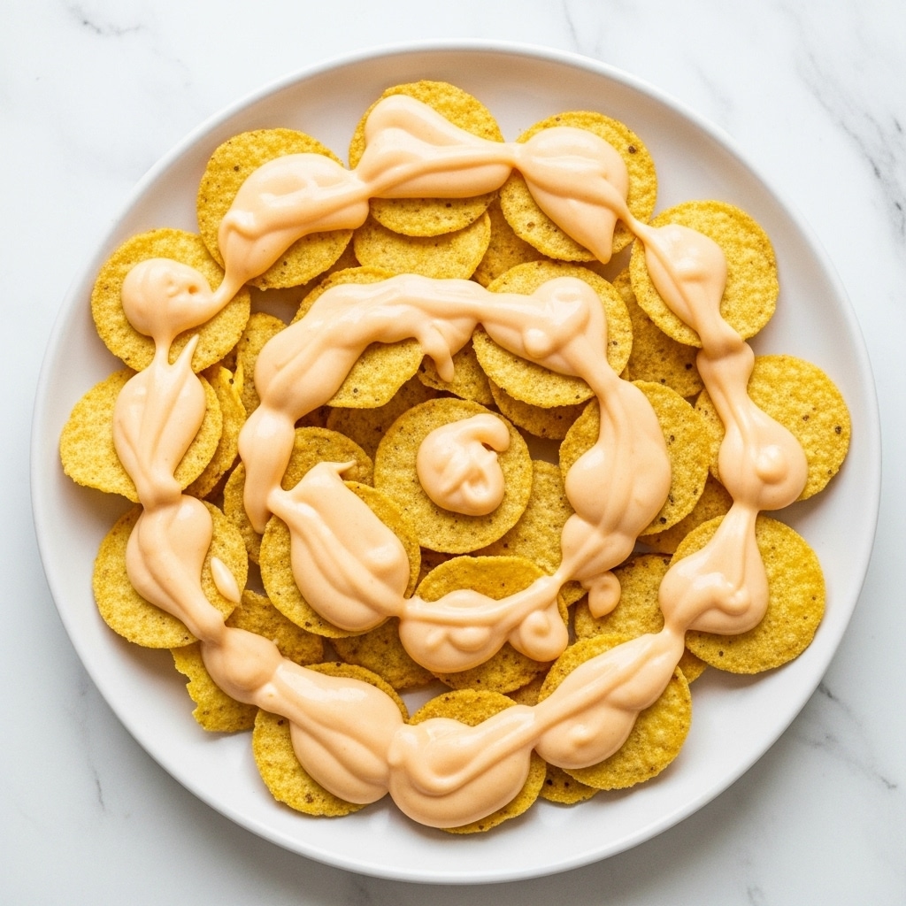The image shows a white plate holding a single layer of yellow tortilla chips that are triangular with a rough texture, scattered evenly. The chips are topped with a smooth, creamy light orange cheese sauce drizzled over them in uneven patches, covering parts of many chips. The plate sits on a white marbled surface. photo taken with an iphone --ar 4:5 --v 7