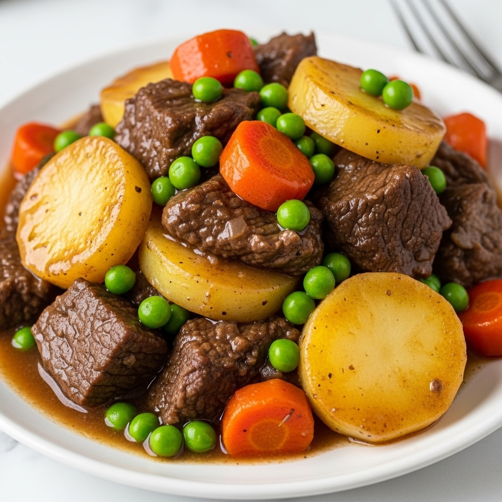 The image shows a close-up of a beef stew with thick chunks of dark brown beef, yellowish potato pieces, small bright orange carrot cubes, and a few green peas scattered throughout. The stew is covered in a rich, glossy brown sauce that looks thick and hearty, filling the white bowl. The background has a white marbled texture, and a fork is partially visible at the top right corner. photo taken with an iphone --ar 4:5 --v 7