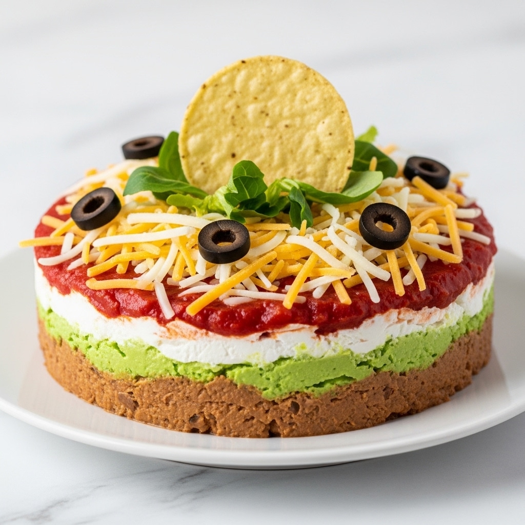 The dish is a layered dip served in a white bowl on a white marbled surface. The bottom layer is a smooth, light brown bean dip, followed by a bright green layer of guacamole. Above that is a thin white creamy layer, then a layer of red chunky salsa. The top layer is covered with shredded yellow and white cheese, scattered green lettuce pieces, and sliced black olives. A round, light-colored tortilla chip is placed upright in the center of the dip. Photo taken with an iphone --ar 4:5 --v 7