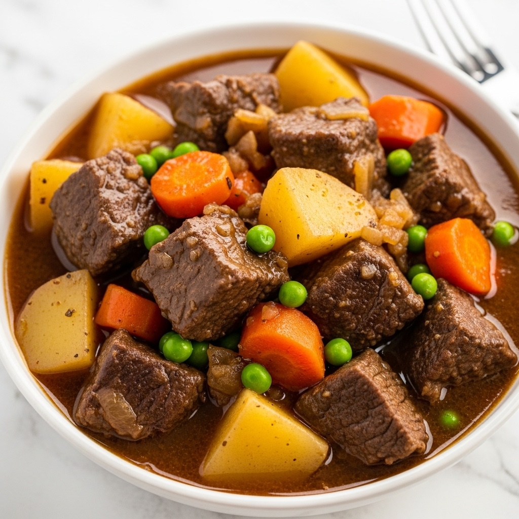 The image shows a close-up of a rich beef stew served on a white plate, filled with several chunky layers of tender dark brown beef pieces, soft glossy carrot cubes in bright orange, round yellow potato slices with a slightly roasted look, and bright green peas scattered evenly throughout a thick, shiny brown gravy. The stew looks thick and hearty with a mix of smooth and chunky textures, glistening under the soft light on a white marbled surface with a fork partially visible in the upper right corner. photo taken with an iphone --ar 4:5 --v 7