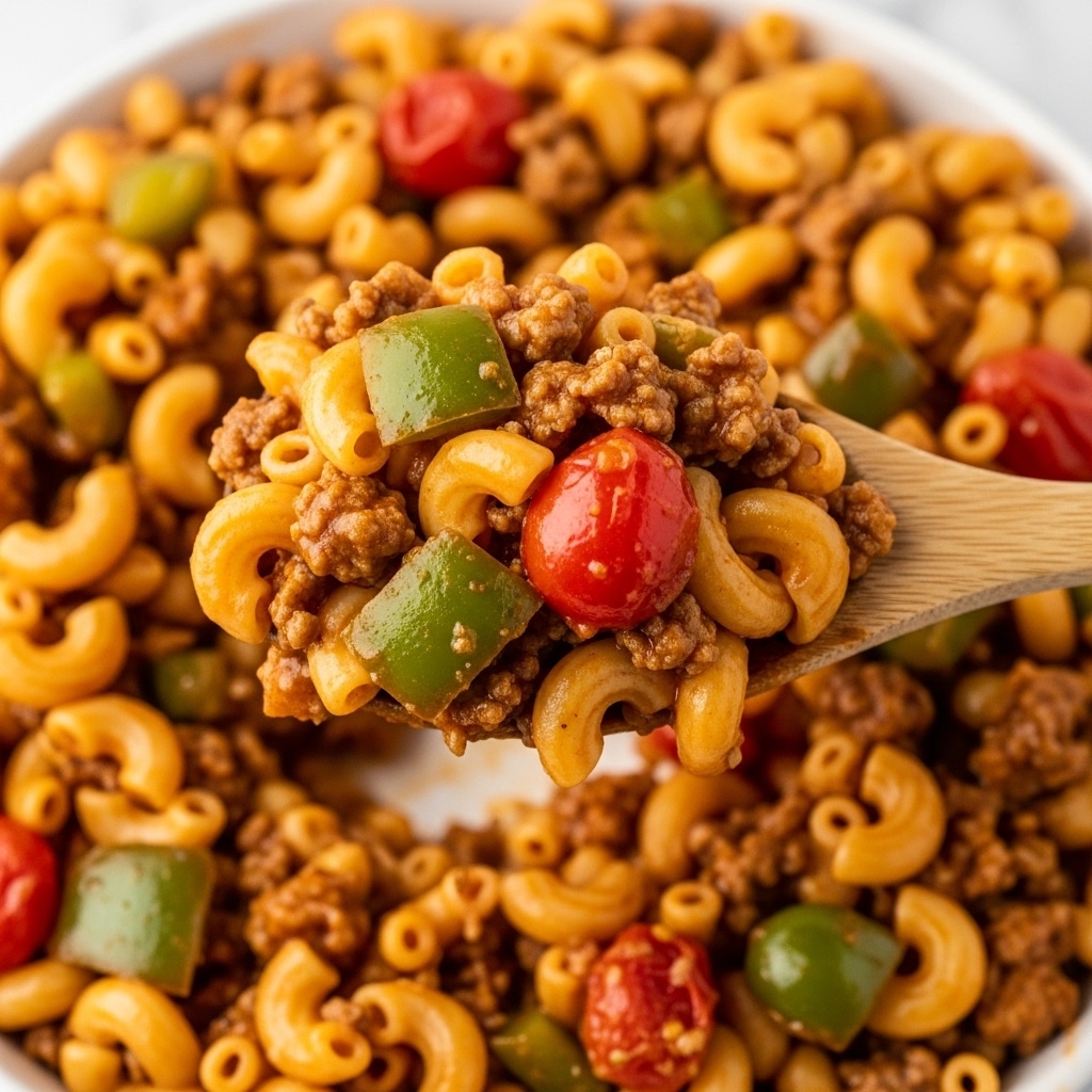 A close-up view of a cooked pasta dish showing small, curved elbow macaroni mixed with ground meat, diced green bell peppers, and chunks of red tomatoes, all coated in a thick, rich, reddish-orange sauce. A wooden spoon is scooping part of the mixture from the bottom right corner, highlighting the creamy texture and savory blend of ingredients against a white marbled surface background. The pasta looks soft and well-coated with sauce, showing bits of herbs and spices scattered throughout. Photo taken with an iphone --ar 4:5 --v 7