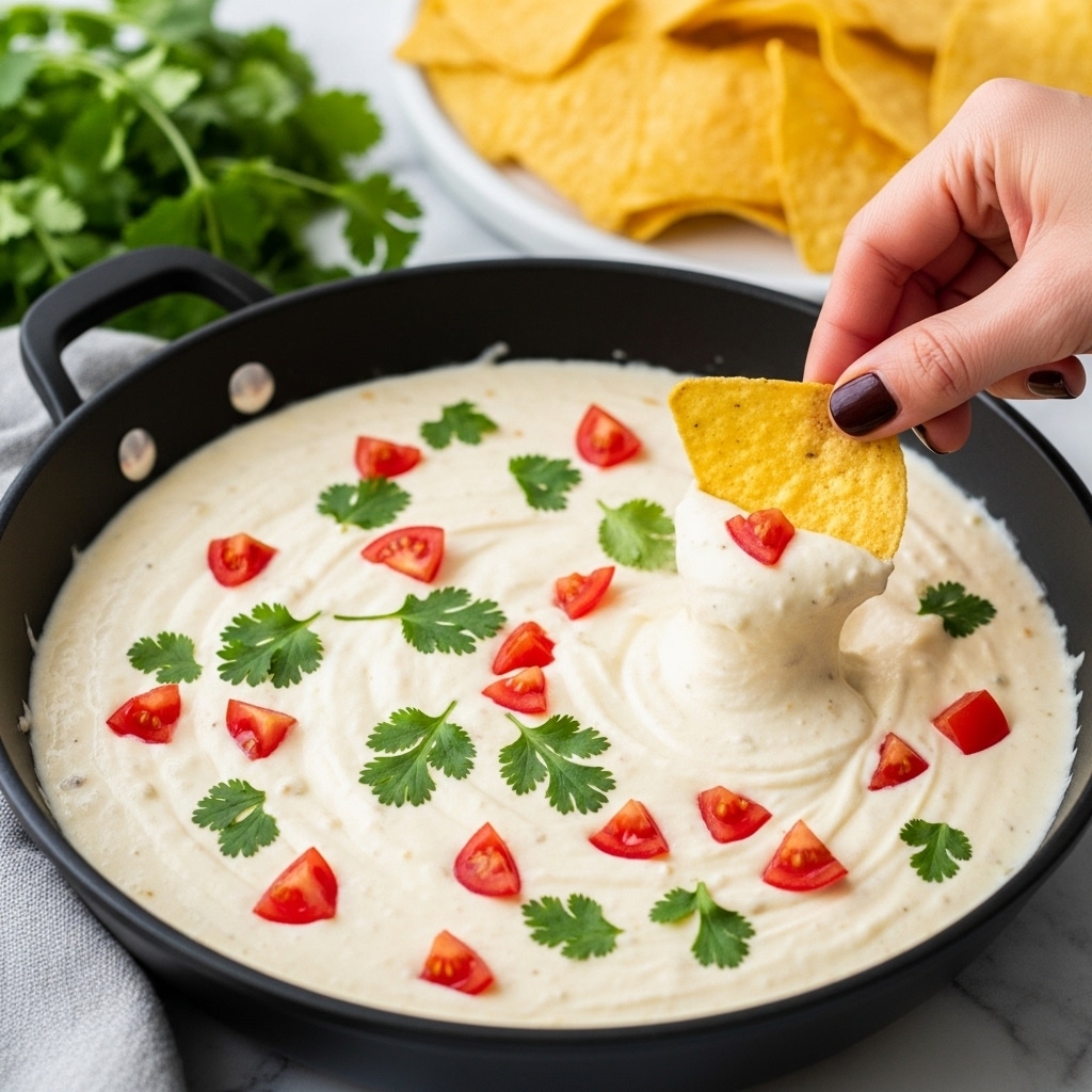A close-up image of a black iron skillet filled with smooth, creamy white cheese dip with small colorful bits in it. The dip is decorated with finely chopped fresh red tomatoes and green herbs around the edges in an uneven ring. A woman's hand is holding a triangular yellow corn chip dipping into the cheese near the right side of the skillet. Behind the skillet on a white marbled surface, there are a few more yellow corn chips and some fresh green cilantro leaves in the background. photo taken with an iphone --ar 4:5 --v 7