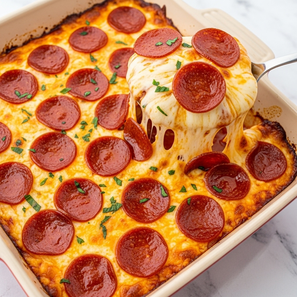 A close-up view of a baked dish in a red ceramic baking dish, filled with melted white cheese topped with evenly spaced round slices of reddish-brown pepperoni. The cheese is golden and bubbly, showing some browned edges around the sides. The pepperoni slices have a slightly crispy texture with visible small herbs and seasoning sprinkled on top, along with small bits of green herbs scattered across the cheese. A silver spoon lifts a cheesy portion with one pepperoni slice, showing the gooey texture of the melted cheese. The dish rests on a white marbled surface. photo taken with an iphone --ar 4:5 --v 7