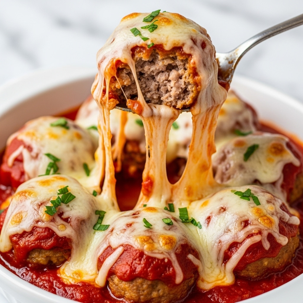 The image shows a close-up of several meatballs covered in thick, melted cheese and rich red tomato sauce. Each meatball is round and browned, sitting in a pool of glossy tomato sauce with melted cheese dripping over the sides. Some green bits of chopped herbs scatter on top for color. The focus is on a spoon lifting one meatball, showing the gooey cheese stretching as it pulls away from the dish below. The background is a white marbled texture. photo taken with an iphone --ar 4:5 --v 7