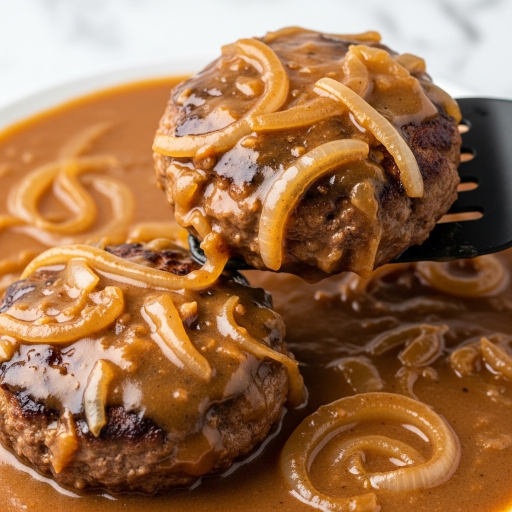 The image shows two thick brown meat patties covered in a shiny brown onion gravy. The gravy has soft, translucent pieces of cooked onion layered on and around the patties, giving a rich texture and gloss. The sauce looks smooth and coats the patties well, with small bits of herbs visible in the mix. The background is a white marbled texture, visible in small gaps where the gravy and patties do not cover. Photo taken with an iphone --ar 4:5 --v 7