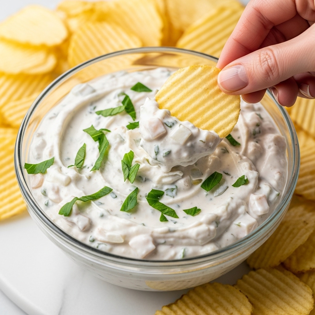 A clear round bowl filled with a thick creamy white dip mixed with small chunks of light brown, likely caramelized onions, and sprinkled with bright green chopped chives on top and throughout. A ridged potato chip, golden yellow with some seasoning, is being dipped into the creamy mixture by a woman's fingers. Around the bowl, there are more ridged potato chips scattered on a white marbled surface. The image is close up, showing texture in the dip and chips clearly. photo taken with an iphone --ar 4:5 --v 7