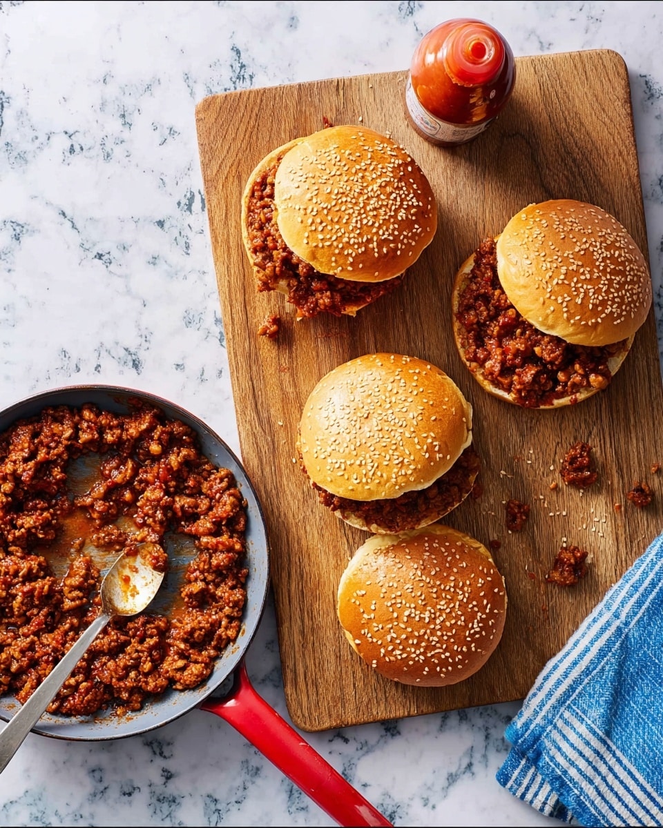 The image shows three sloppy joe sandwiches on a wooden cutting board placed on a white marbled surface. Each sandwich uses a sesame seed bun. Two of the sandwiches are closed, showing the golden brown sesame seed top of the bun. The third sandwich is open, showing the bottom bun topped with a thick layer of sloppy joe meat mixture, coated with a shiny red sauce. Next to the sandwiches is a round skillet with a red handle filled with chunky, saucy sloppy joe ground meat mixture, with a metal spoon resting inside. Above the board is a bottle of red sauce, and a blue and white striped cloth is placed under the skillet handle. photo taken with an iphone --ar 4:5 --v 7