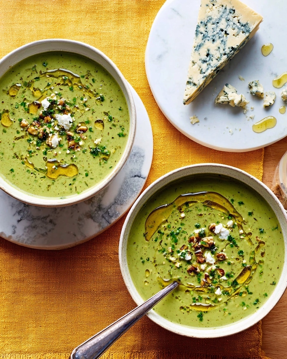 Two bowls of green soup sit on a white marbled surface with a yellow cloth underneath the left bowl. Each bowl has one layer of smooth green soup topped with small chopped green herbs, crushed seeds, and light yellow crumbly bits scattered on top. Swirls of golden olive oil are drizzled on the soup surface, adding shine. The left bowl is white with a blue rim and contains a metal spoon resting inside. Above the bowls, a white plate holds a wedge of light cream cheese with blue veins and some crumbles around it. Photo taken with an iphone --ar 4:5 --v 7