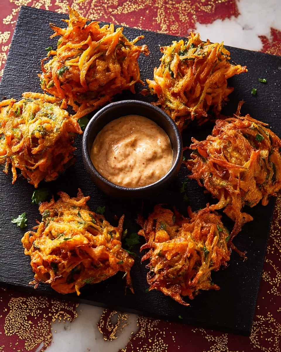 The image shows six crispy golden-brown fritters with an irregular shape, made of thin strands of fried vegetables, mostly orange and dark green, placed on a flat black rectangular board. In the center of the board, there is a small black bowl filled with a light beige creamy sauce with small reddish specks. The black board sits on a white marbled textured surface with pink and beige patterns around it. The lighting creates soft shadows highlighting the fried texture and colors of the fritters. photo taken with an iphone --ar 4:5 --v 7