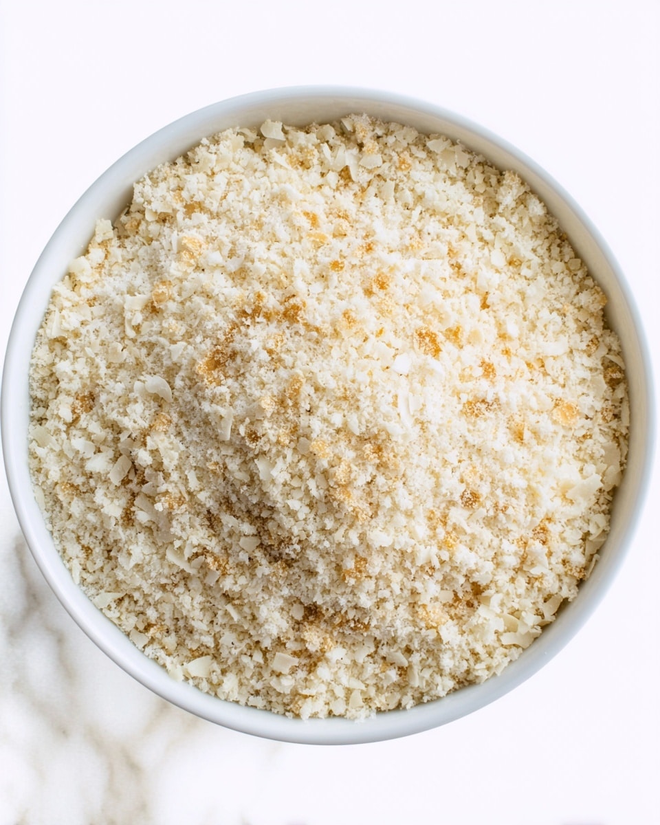 A close-up top view of a single layer of light beige, crumbly bread crumbs with small pieces of different sizes, scattered loosely inside a white bowl, set on a white marbled surface. The texture is dry and coarse, with subtle golden-brown toasted bits mixed in. Photo taken with an iphone --ar 4:5 --v 7