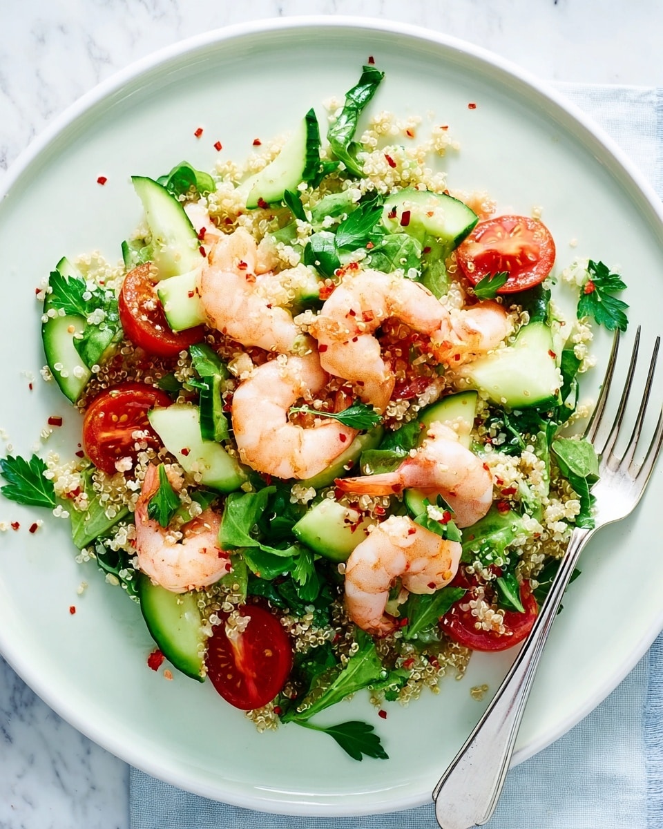A white plate holds a fresh shrimp salad arranged in layers, starting with a base of light green leafy greens and quinoa grains spread evenly. On top, bright green cucumber slices and halved, glossy red cherry tomatoes create a colorful contrast. The final top layer consists of plump, pink shrimp, scattered around to show their round shapes clearly. Fresh parsley leaves are sprinkled over the dish, with a few small flakes of red chili for extra color. The plate sits on a white marbled surface with a silver fork resting on the right side. Photo taken with an iphone --ar 4:5 --v 7