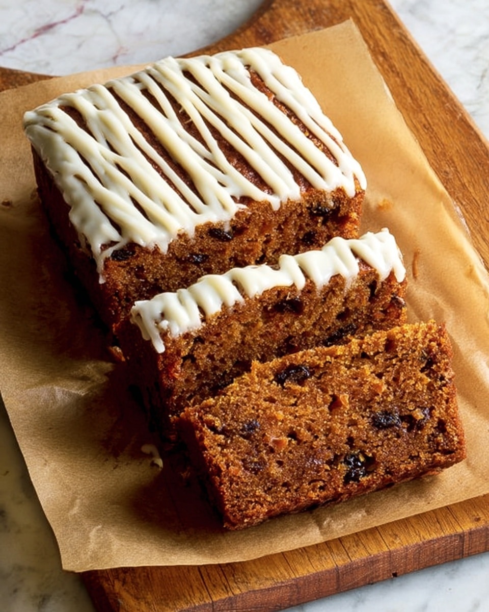 A rectangular cake is cut into four thick slices, showing a moist, dense texture with dark brown color and tiny bits inside. The top is covered with a thin layer of white icing that is drizzled in wide, uneven stripes running across the cake's length. The cake sits on brown parchment paper placed on a wooden board. In the background, there is a stack of white plates. The whole scene is set on a white marbled texture surface. photo taken with an iphone --ar 4:5 --v 7