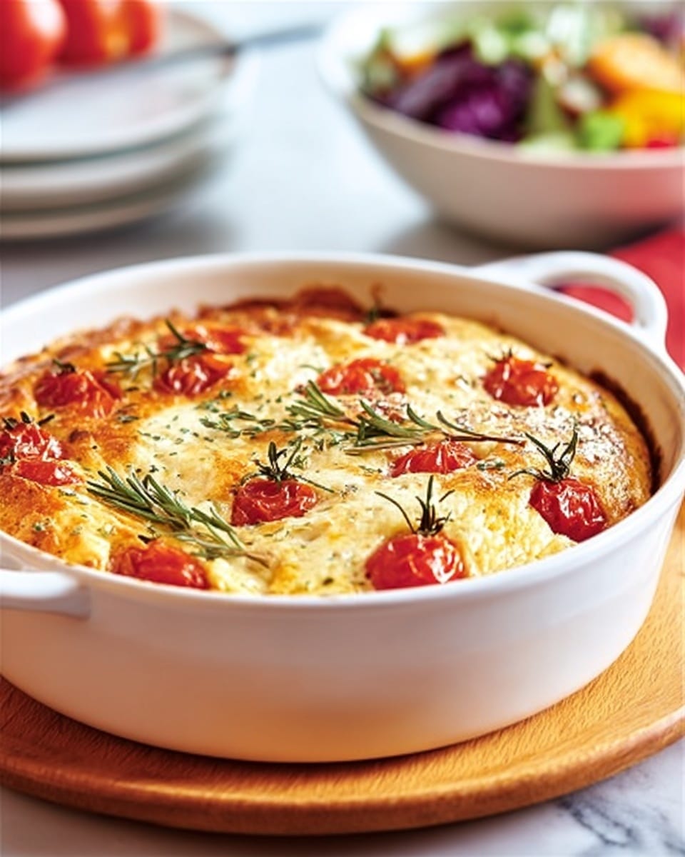 The image shows a freshly baked dish in a round white ceramic baking dish with red outer sides, placed on a wooden board. The top layer is golden brown with a slightly rough texture and has several small red cherry tomatoes with green stems scattered on the surface. In the background, there is a white bowl filled with a colorful salad containing leafy greens and slices of red onions. The scene is set on a white marbled surface with soft natural light. Photo taken with an iphone --ar 4:5 --v 7