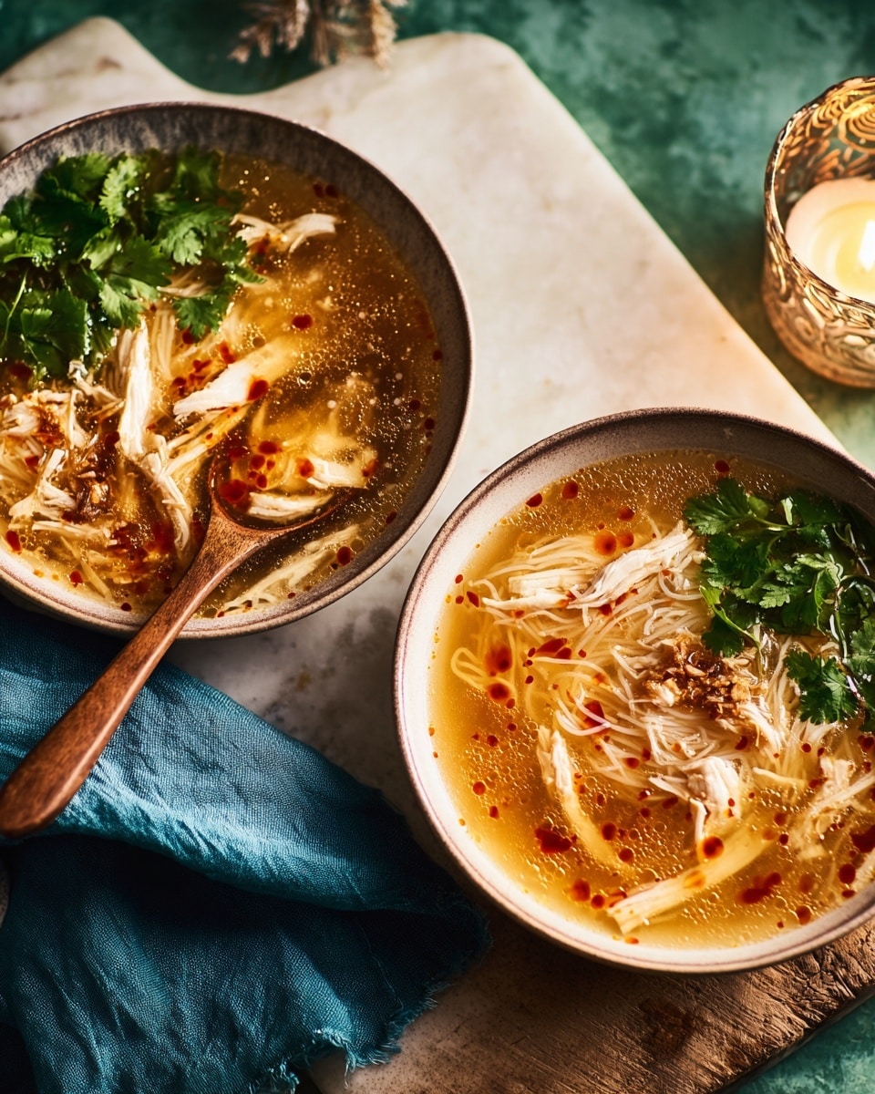 Two bowls of chicken soup sit on a white marbled surface; each bowl is white with a blue-green rim. The soup has a clear golden broth layer with small drops of red chili oil floating on top. Within the broth, shredded white chicken pieces and soft white rice grains are visible, along with thin, translucent caramelized onion slices. One bowl holds a wooden ladle filled with broth, chicken, and rice. Both bowls are garnished with fresh green cilantro leaves on the edges. Soft candlelight from a glass candle holder nearby gives a warm glow to the scene, with a blue cloth napkin under one bowl on a wooden board. photo taken with an iphone --ar 4:5 --v 7