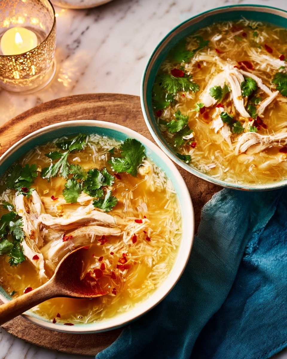 Two bowls of clear soup rest on a white marbled surface; each bowl is filled with a golden broth layered with shredded white chicken pieces, thin white rice noodles, and small bits of fried brown onions. Bright orange chili oil drops float on the surface, creating a contrast against the light broth. Each bowl is garnished with a small bunch of fresh green cilantro leaves on one side. A wooden spoon rests inside the left bowl, holding some soup with chicken and noodles. The bowls sit near a folded blue cloth napkin on a rustic wooden board. Soft light reflects on a textured glass candle holder in the background, adding a warm glow. photo taken with an iphone --ar 4:5 --v 7