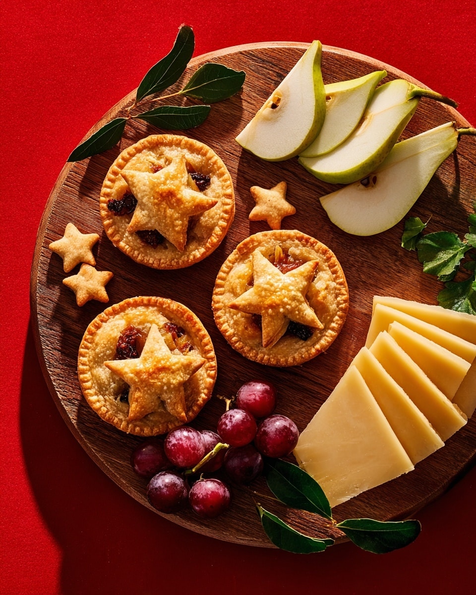 A round wooden board holds three golden-brown mini pies arranged in a triangle, each pie topped with a star-shaped cutout showing a dark filling with small fruit chunks. To the right side of the pies, three large triangular slices of pale yellow cheese with a crumbly texture are stacked slightly overlapping. Near the cheese, there are three thin slices of green pear with visible skin. On the bottom left of the board, a small bunch of dark red grapes is placed next to green leafy sprigs including rosemary and bay leaves. Several small star-shaped pie crust pieces are scattered around the board. The background is a deep red color. Photo taken with an iphone --ar 4:5 --v 7