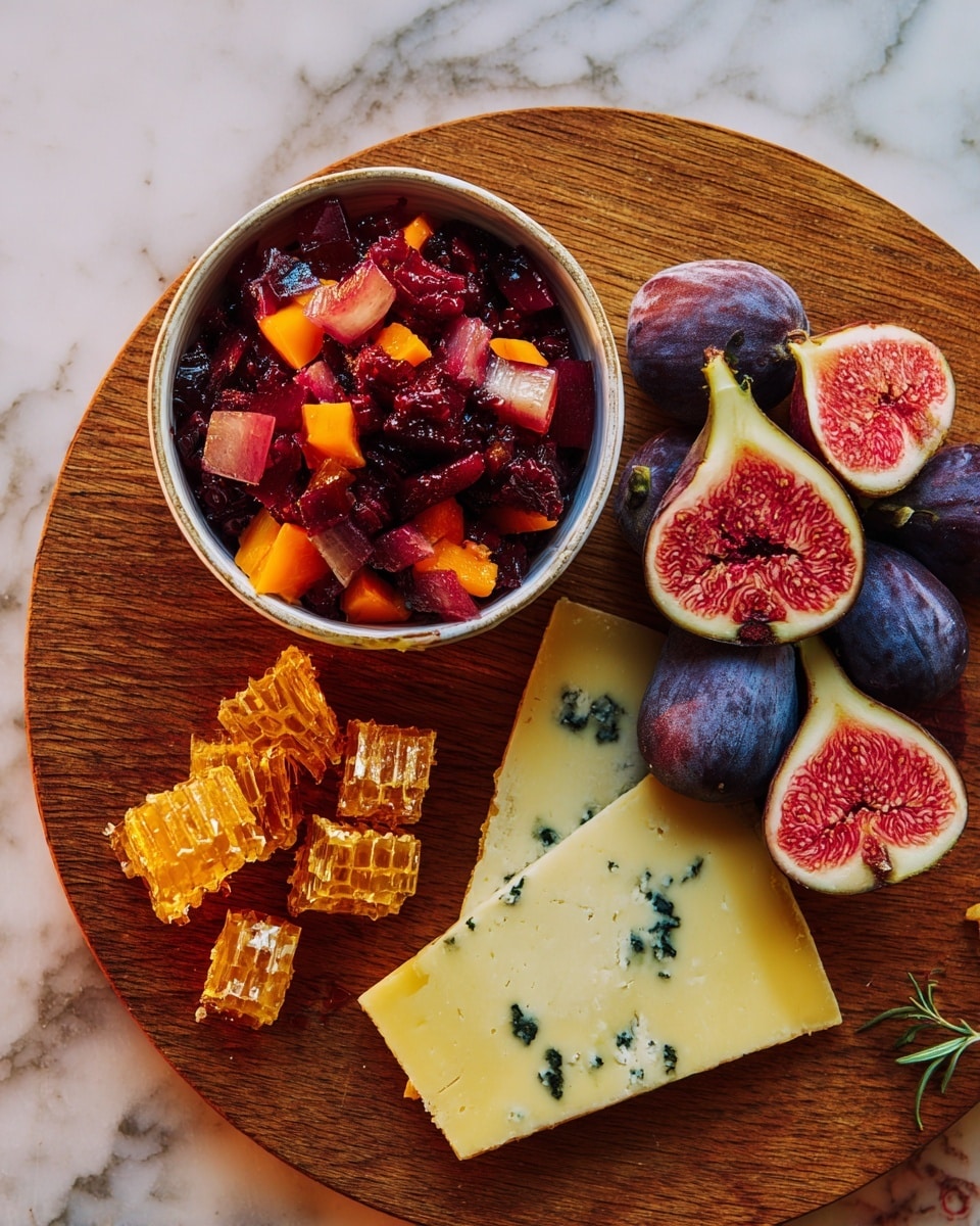 A round wooden board on a white marbled surface holds an arrangement of food items: at the top left is a small white bowl filled with small red and orange cube-shaped pieces in a dark sauce, partly lifted by a bronze spoon inside the bowl. To the right of the bowl are whole and halved purple figs with visible pinkish-red flesh, accented with fresh green rosemary sprigs. Below the figs is a piece of golden-yellow honeycomb with a shiny, gooey texture. At the bottom of the wooden board are two pieces of cheese—one square with blue veins and a creamy pale surface, the other a yellow wedge showing a crumbly texture. Tiny green herb sprigs are scattered around the board. Photo taken with an iphone --ar 4:5 --v 7