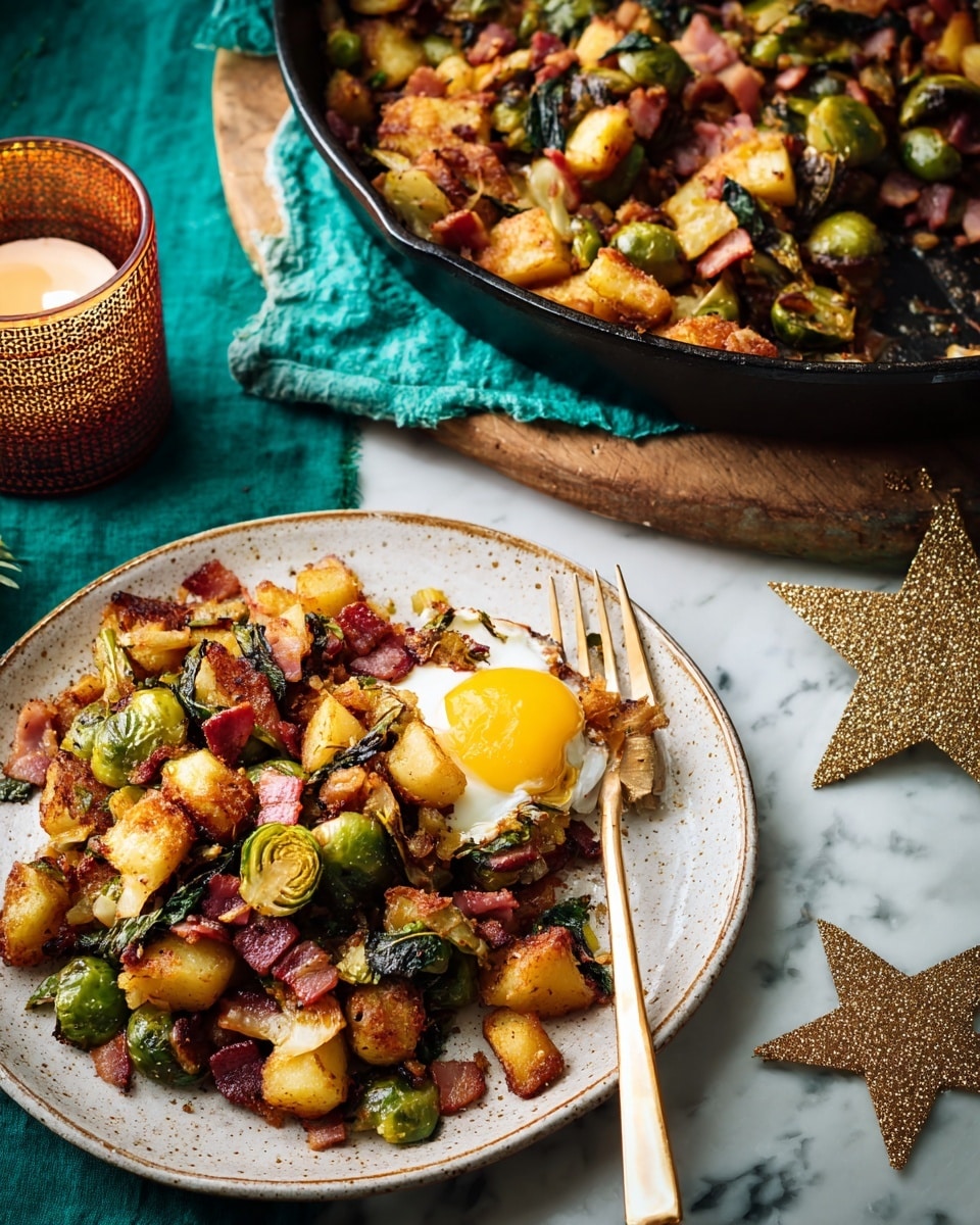 A close-up of a crispy skillet dish with three layers: the bottom has small golden-brown toasted potato pieces, mixed with green Brussels sprouts and bits of pinkish red bacon scattered throughout; on top, there are dark green crispy sage leaves adding texture and color; the whole dish is served in a black cast iron skillet placed on a round wooden board over a white marbled textured surface with a teal cloth underneath. In the lower part of the image, a white plate holds a serving of the same dish with the same three layers visible, with a golden fork resting on the plate and a sunny-side fried egg with a bright yellow yolk and white edges on the side. Next to the plate is a small brown candle holder with a lit candle, and a metallic star decoration sits near the skillet. photo taken with an iphone --ar 4:5 --v 7
