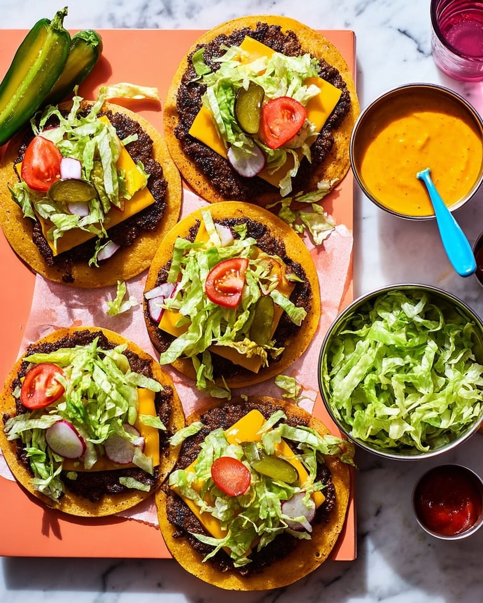 The image shows five small flatbreads arranged on a light orange board placed on a white marbled surface. Each flatbread has a bottom layer of golden, slightly crispy tortilla. On top of the tortilla is a thick, dark brown beef patty with a charred texture. Over the beef, there is a slice of bright yellow melted cheese, followed by shredded light green lettuce scattered. Thinly sliced green pickles, small pieces of purple onion, and two red tomato slices rest on top as the final layer. To the side, there is a small white bowl full of shredded lettuce and a small cup containing a shiny orange sauce with a spoon inside. A small silver cup with red ketchup and a green spoon is also visible near the flatbreads. The setup is bright and colorful with sharp focus. Photo taken with an iphone --ar 4:5 --v 7