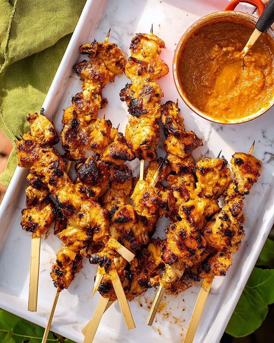A white tray filled with about ten grilled chicken skewers, each skewer having twisted, golden-brown chicken pieces with visible char marks on them. The chicken shows a mix of light and dark brown areas from grilling, giving a textured look. In the top right corner of the tray is a small white pan with a black handle, containing a thick, chunky orange-brown sauce with visible bits of vegetables or grains. The sauce has a glossy, oily surface with some pooling of liquid. The tray rests on a white marbled surface, with some green leaves and orange color partially showing around the edges. photo taken with an iphone --ar 4:5 --v 7