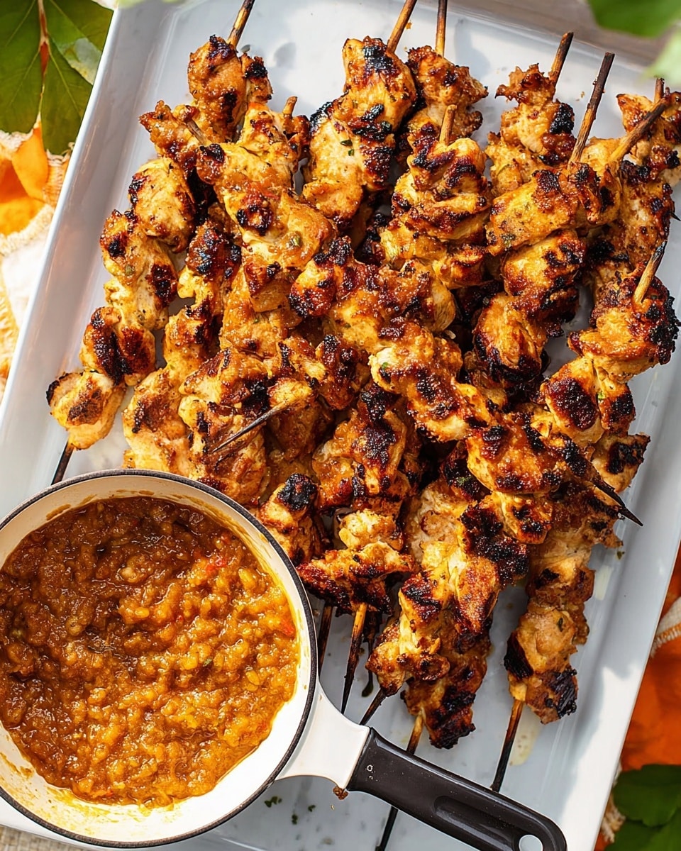 The image shows a white tray filled with multiple skewers of grilled chicken, arranged in a scattered manner across the tray with a mix of golden brown and slightly charred black marks on the chicken pieces, giving a textured and smoky look. On the top right corner of the tray, there is a small white pan filled with a thick, orange-brown sauce that looks chunky with oil pools on the surface. The skewers have light wooden sticks and the grilled chicken pieces are twisted in shape, showing a crispy and juicy texture. The tray is set on a white marbled surface with a green cloth partly visible on the left side and some green leaves on the bottom right corner. Photo taken with an iphone --ar 4:5 --v 7