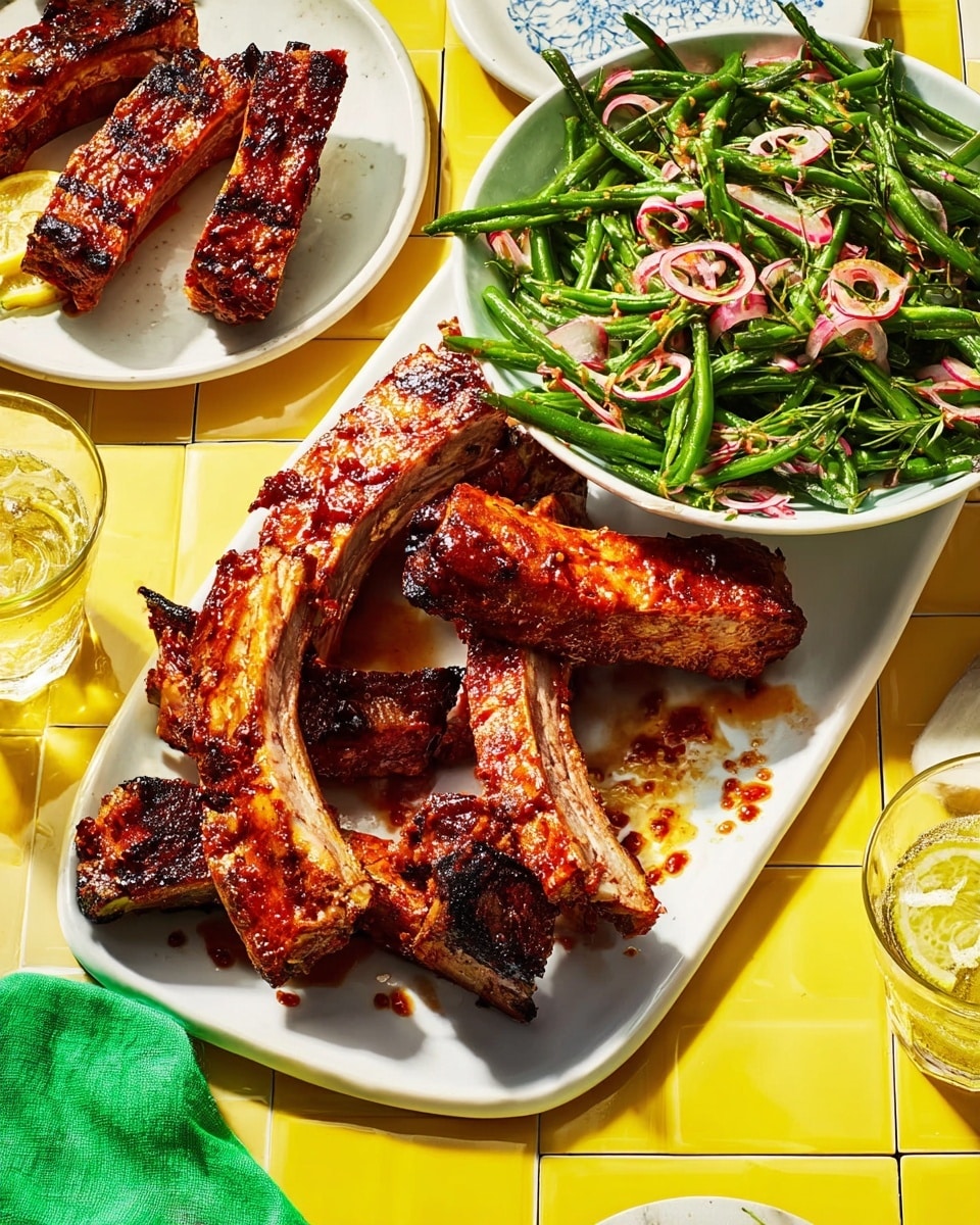 A white rectangular plate holds six grilled pork ribs arranged in a slightly overlapping pile, each rib richly coated in a shiny, reddish-brown glaze with charred edges showing a caramelized texture. To the top right of the ribs is a white bowl filled with a green bean salad, featuring bright green beans mixed with thin red chili slices, small light purple onion rings, and sprinkled with crushed nuts for texture. In the bottom left corner, a smaller white plate shows a cooked meat portion with a side of green beans and red chili slices topped with crushed nuts, partially visible. The scene is set on a bright yellow tiled surface, and a green cloth napkin peeks out from under the bottom right corner of the rib plate. Two drinks with mint leaves are placed near the top left corner. photo taken with an iphone --ar 4:5 --v 7