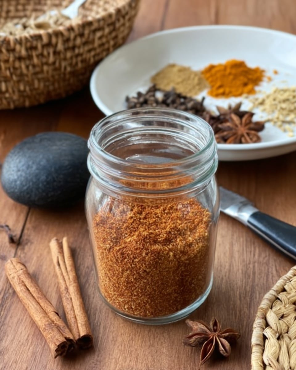 A small clear glass jar filled about three-quarters with a reddish-brown spice mix is placed on a natural brown wooden surface. Behind the jar, to the upper right, there is a white marbled plate holding scattered spices including star anise, black peppercorns, a small heap of bright orange powder, a bit of ground ginger, and a knife resting on the plate. To the upper left, a round basket woven from light natural fibers is partially visible. At the lower left, a couple of cinnamon sticks lie flat on the wooden surface. Photo taken with an iphone --ar 4:5 --v 7