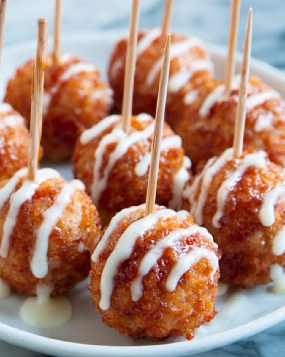The image shows a close-up of small round fried meatballs, each pierced by a toothpick. The meatballs have a crispy, golden brown outer layer and are drizzled unevenly with white sauce on top. They are placed on a white plate with a white marbled surface in the background. The texture of the meatballs is slightly rough and crunchy, and the white sauce adds contrast with its smooth and creamy look. photo taken with an iphone --ar 4:5 --v 7