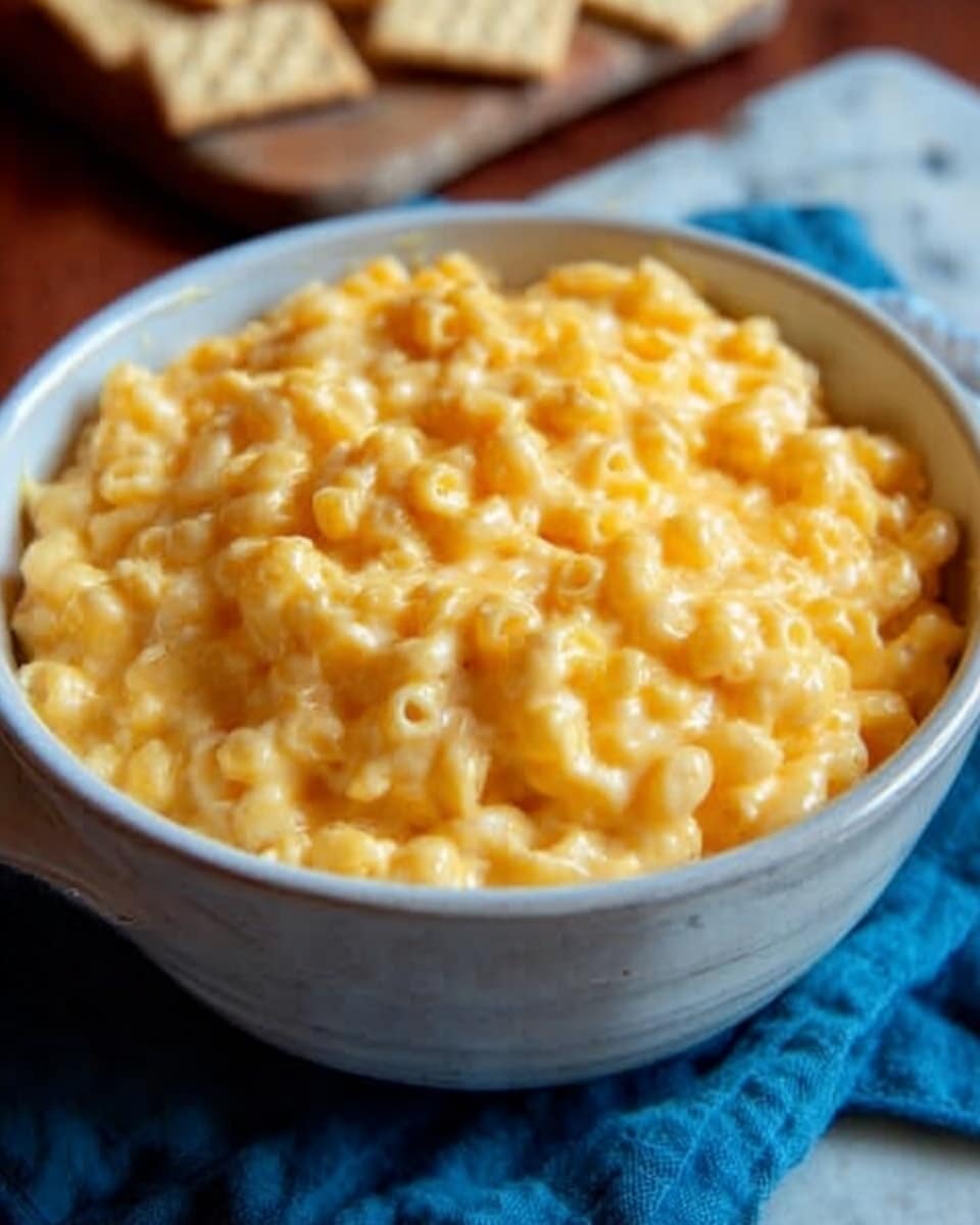 A white bowl filled with creamy, bright yellow macaroni and cheese showing small pasta pieces mixed well with the smooth cheese sauce; the bowl sits on a blue cloth on a white marbled surface, with a blurry wooden board and what looks like crackers in the background. photo taken with an iphone --ar 4:5 --v 7