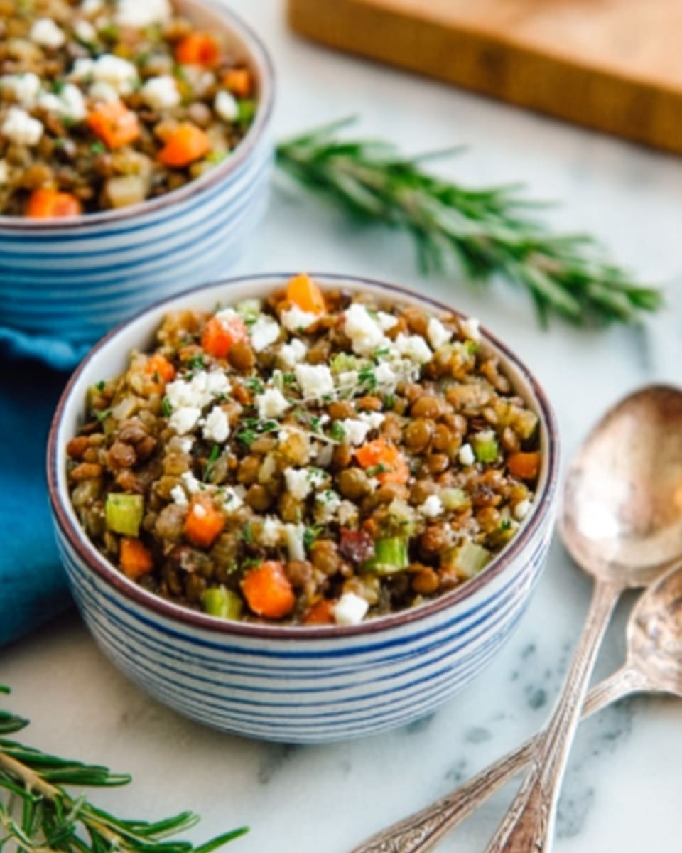 The image shows a white bowl with blue stripes, filled with a colorful mix of cooked lentils, small carrot pieces, and bits of celery, all finely chopped and mixed together. The lentils are brown-green, with the orange carrots and light green celery adding bright spots throughout. The texture looks soft with small chunks of vegetables giving it a hearty look. Two small white bowls with the same dish are placed on a white marbled surface. A sprig of fresh rosemary is placed near the bowls, and a woman's hand is holding an old silver spoon nearby. photo taken with an iphone --ar 4:5 --v 7